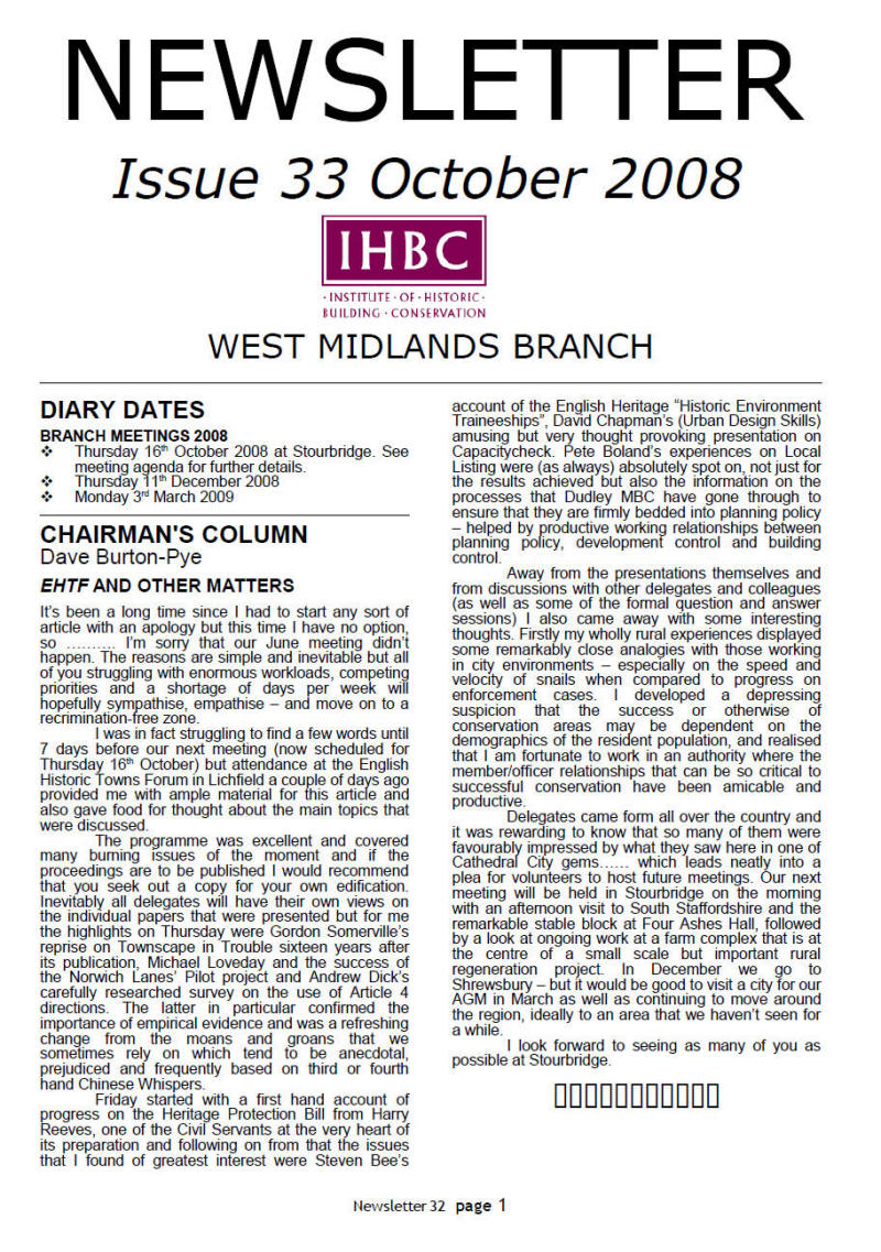 IHBC West Midlands Branch Newsletter No. 33 October 2008 - page one - This is a graphical representation, for PDF download visit http://www.ihbc.org.uk/branches_west_mids.htm